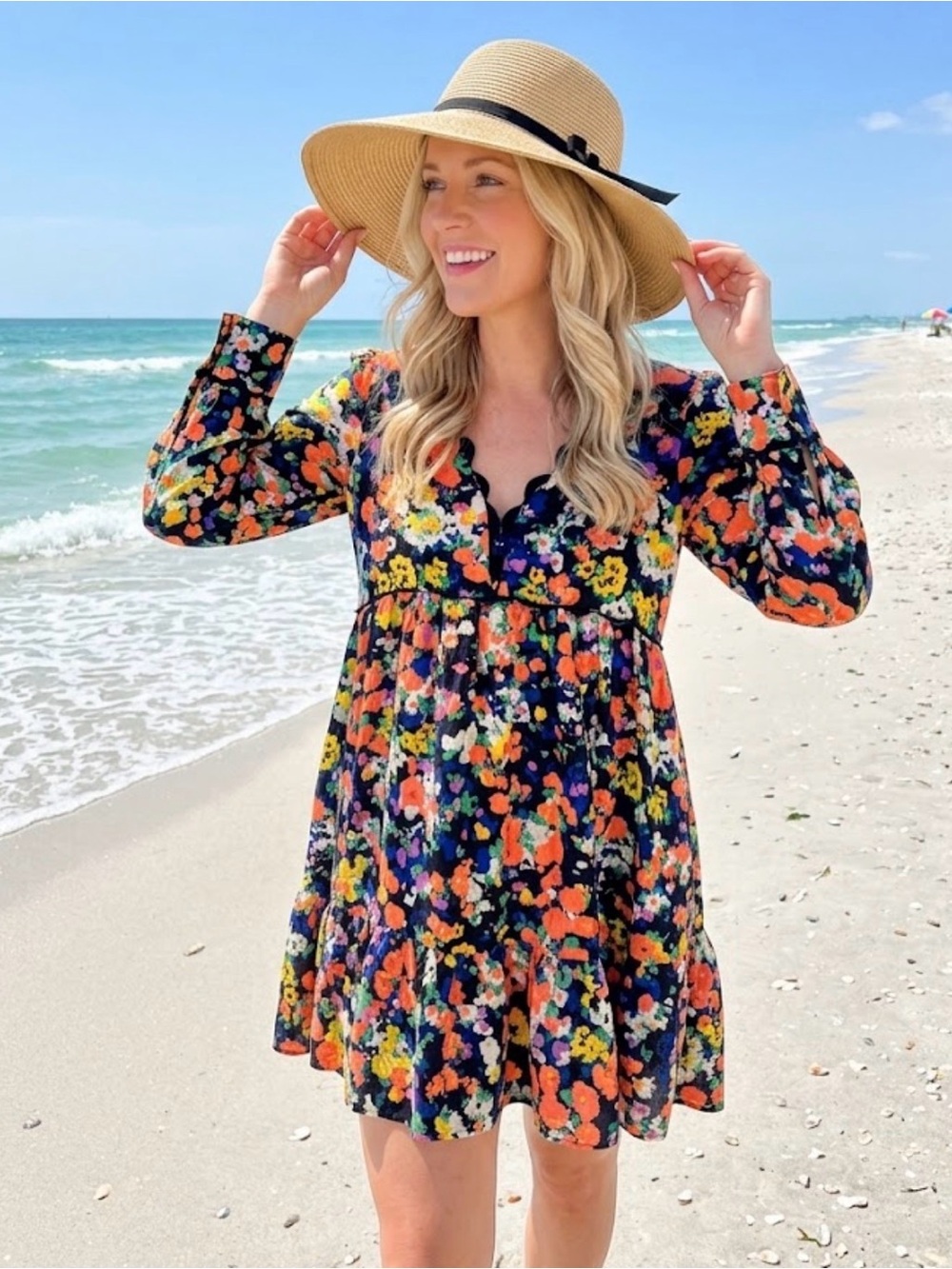 Anthropologie Maeve Navy Floral Long-Sleeve Tiered Mini Dress